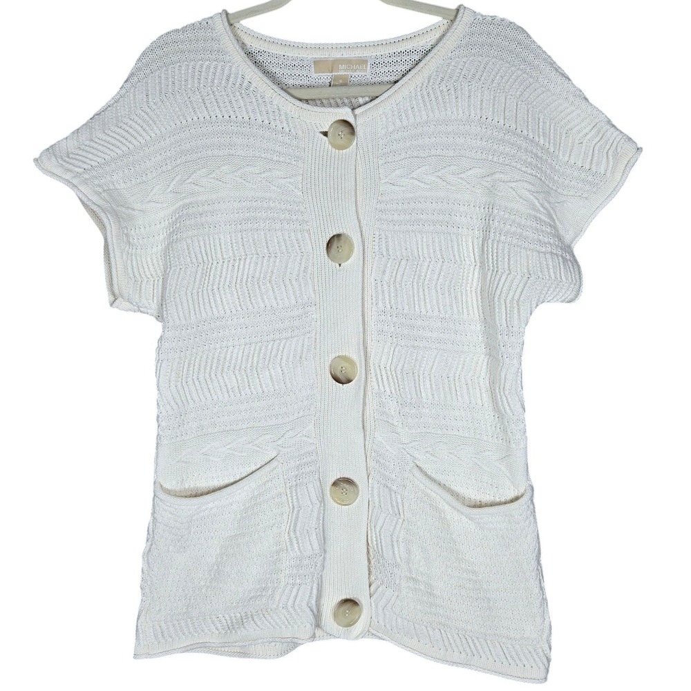 Michael Kors Womens Small Sweater Short Sleeve Cream Knit Button Front Cardigan